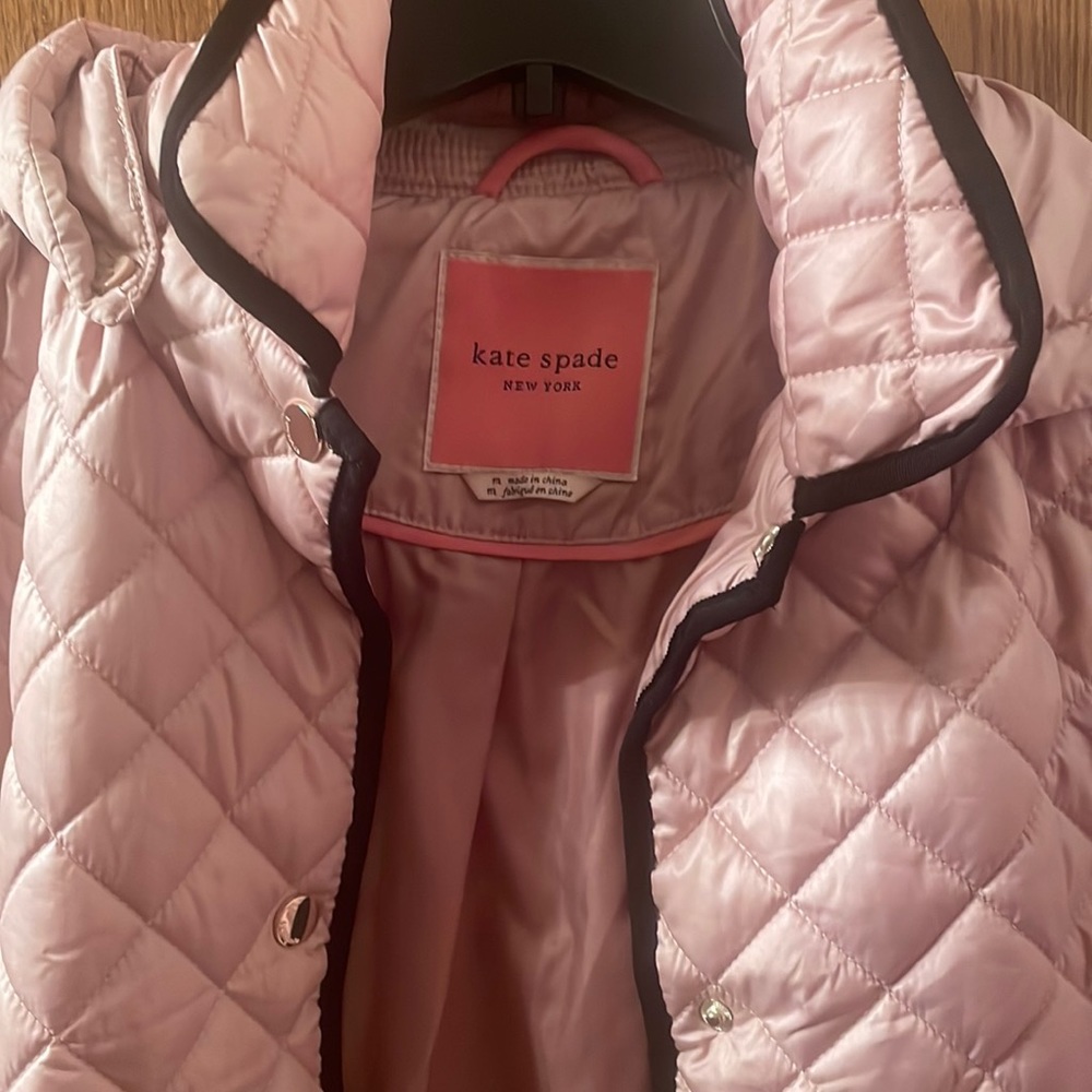 Kate spade coat blush pink with black trim snap closure also adjusts at waist